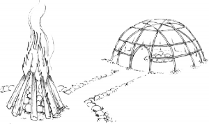 Drawing of a sweat lodge structure with a fire outside. Black and white.