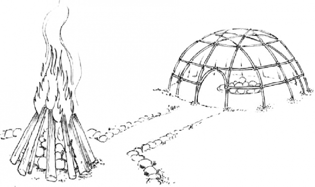 Drawing of a sweat lodge structure with a fire outside. Black and white.