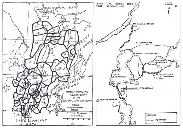 Two maps of the territory frequented by the Anicinabek. Black and white.