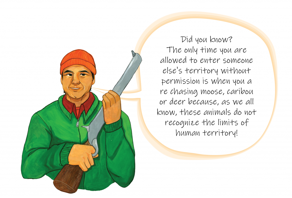 An anicinabe hunter is drawn with a speech bubble. He has a rifle in his hands, wears an orange toque and a green coat. Image in color.