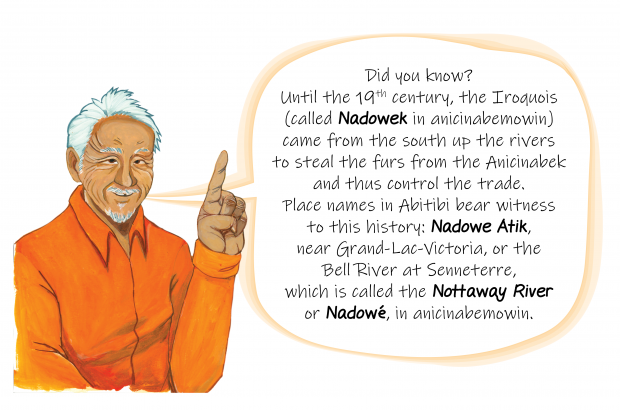 A drawing of an elder with a speech bubble. He is wearing an orange shirt, has gray hair, and raises a finger in the air as they talk. Image in color.