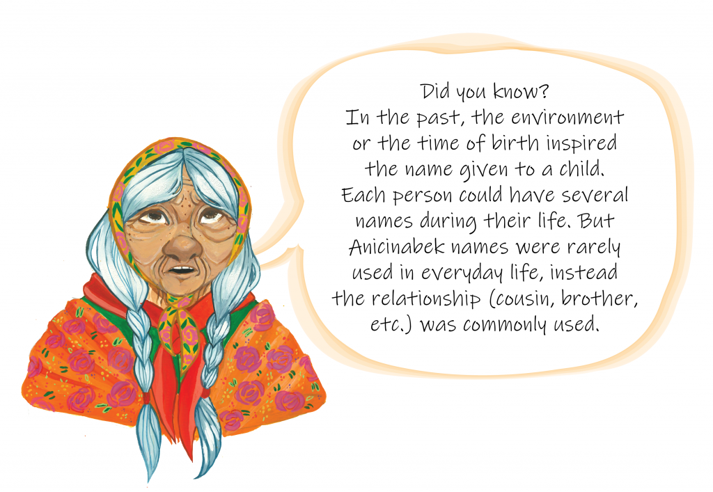 A drawn elder with a speech bubble. She wears a flowery shawl over her gray hair that is braided. Image in color.
