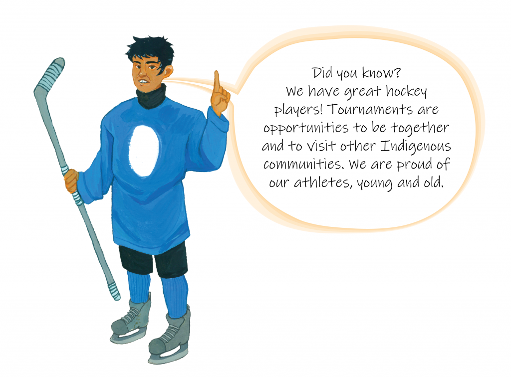 A young field hockey player, with stick and skates, is drawn with a speech bubble. He is dressed in blue and black. He raises a finger in the air as he speaks. Image in color.