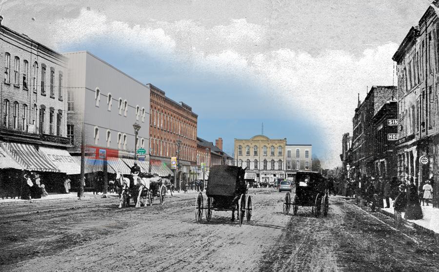 A black and white photograph of horses and buggies superimposed on an image of a modern streetscape.