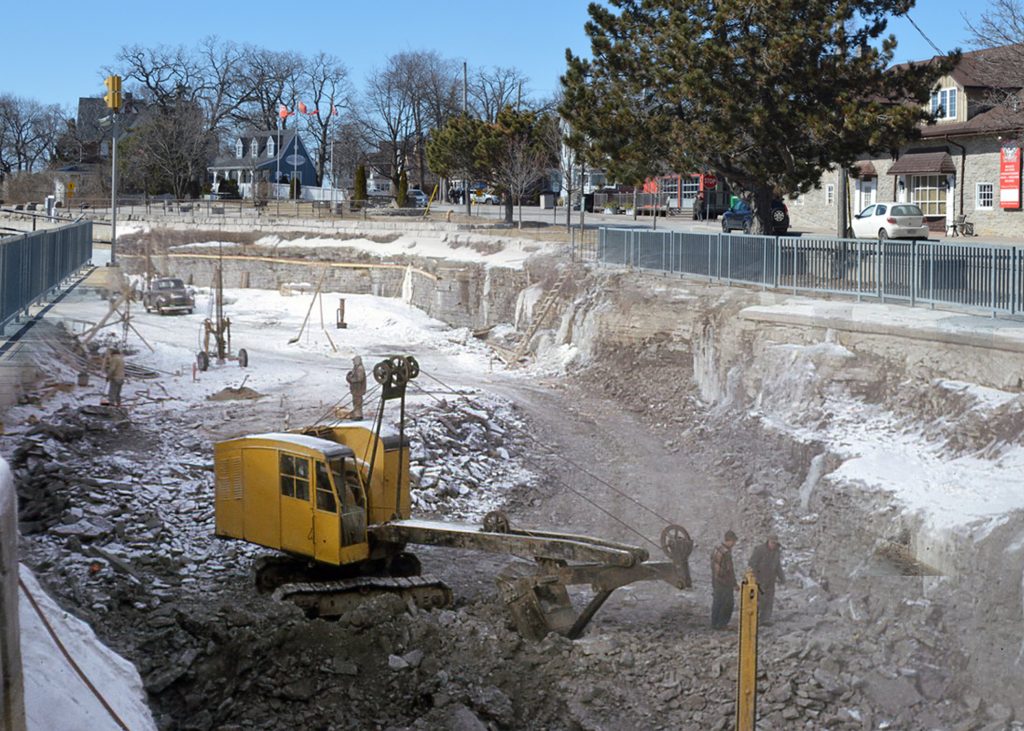 An old photograph of an excavater, workers and a car in the canal bed, surrounded by contemporary image of the surrounding streetscape.