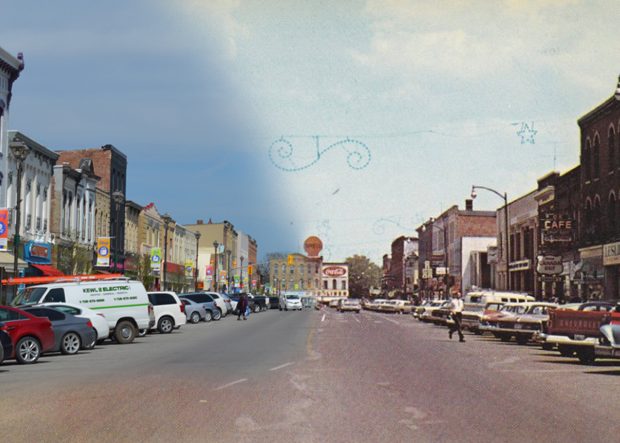 On the left a modern streetcape, on the right a historic image of the same streetscape.