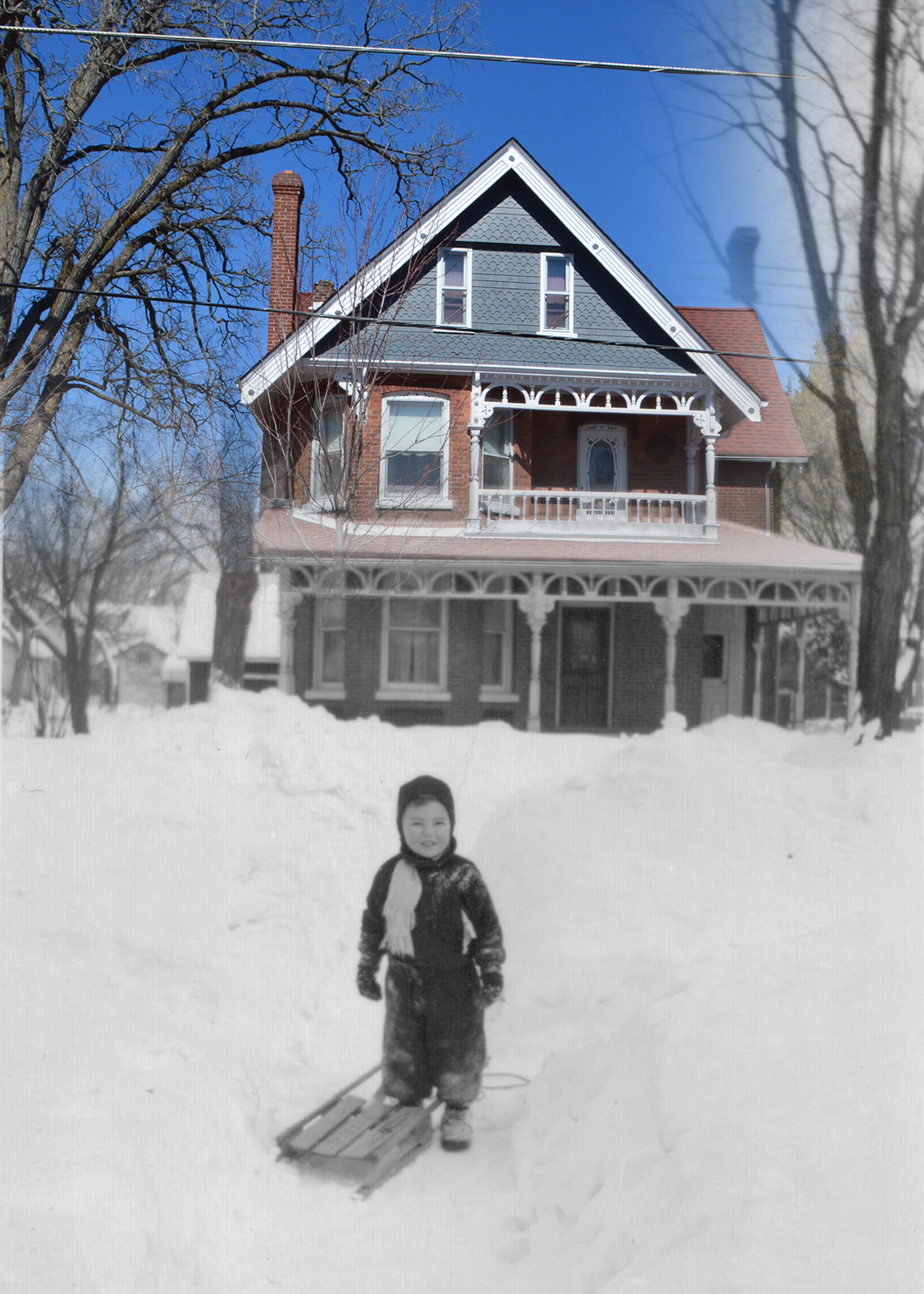 A black and white photograph of a boy with his sleigh standing in front of a contemporary image of the same house.