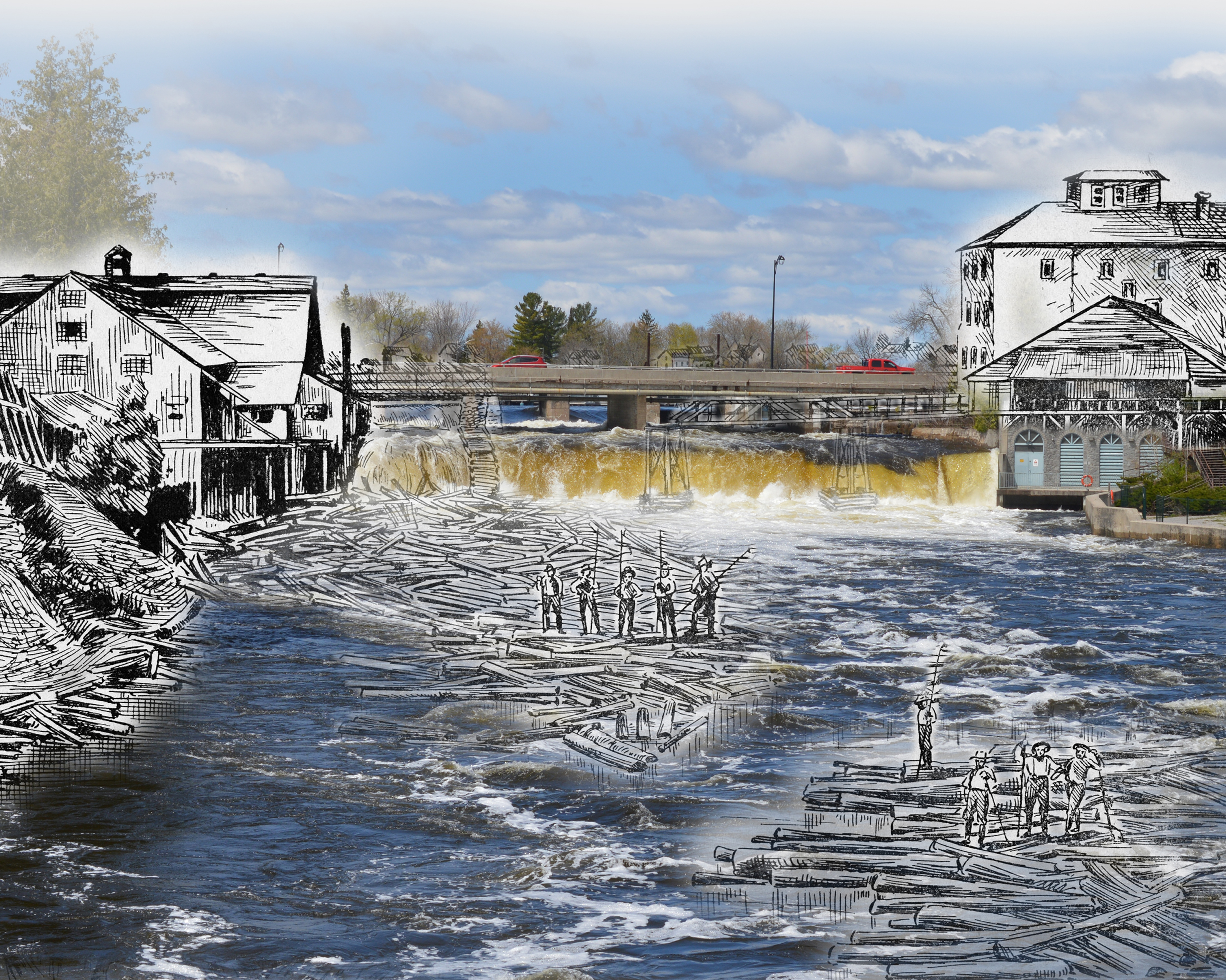 A sketch of a crew of river drivers on a log jam superimposed on a contemporary image of a waterfall.