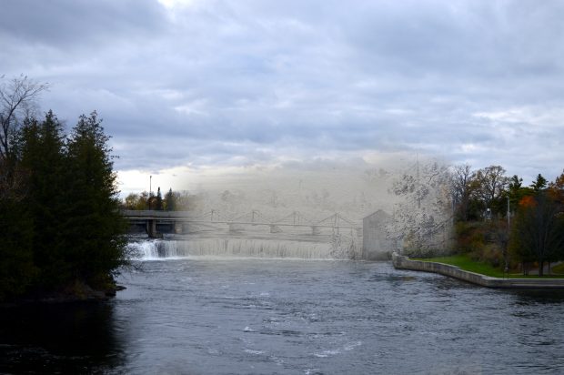 A sketch of a bridge and mill superimposed on a contemporary photograph of a river and its waterfall.