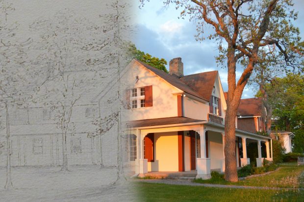 On the left a sketch of a house; on the right a contemporary photograph of the same building.