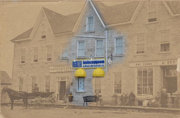 Contemporary photograph of an electronics store superimposed on a B&W image of hotel.