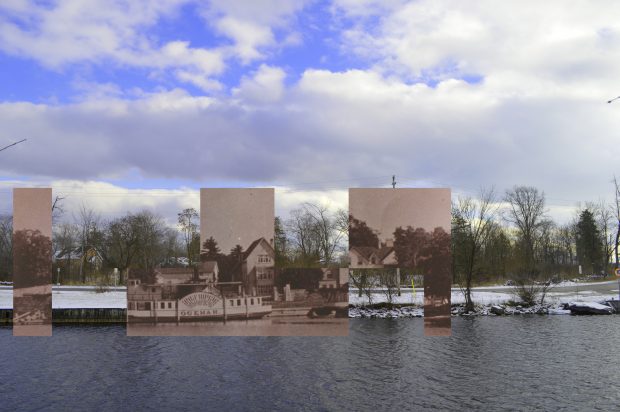 A black and white photograph of a steamboat and a large house superimposed on a contemporary photograph of a vacant lot.