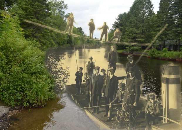 B&W photograph of a bridge made of pagewire fencing with a steamboat superimposed on a contemporary photograph of the river.