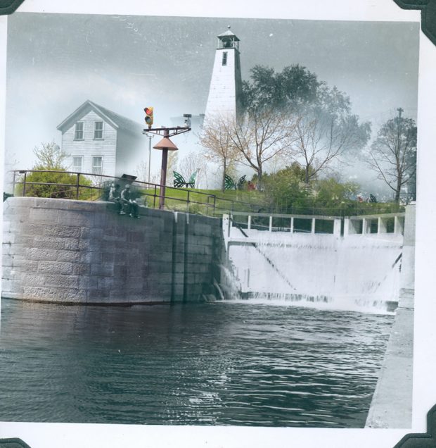 Historic photograph of two people sitting on the edge of the lock wall superimposed on a modern park image.
