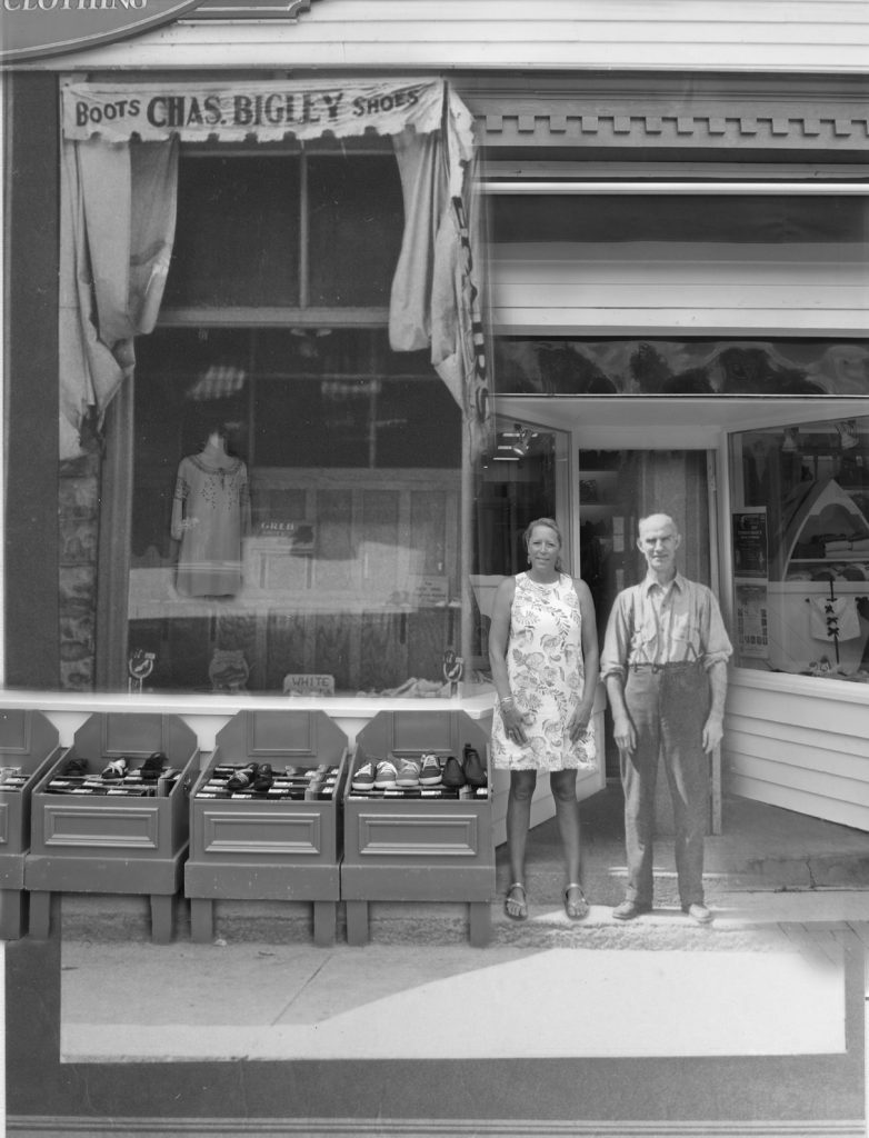 A contemporary photograph of a shoe store owner superimposed on a image of the original shop. and owner.