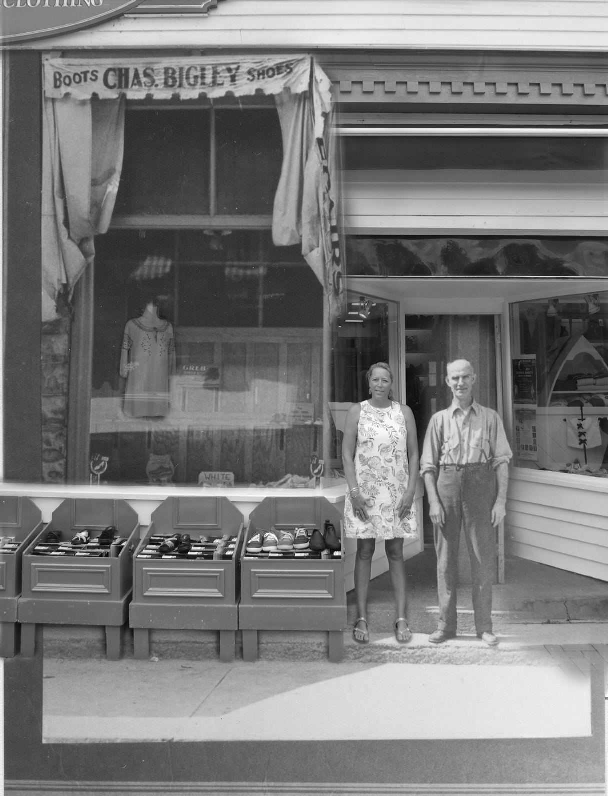 A contemporary photograph of a shoe store owner superimposed on a image of the original shop. and owner.