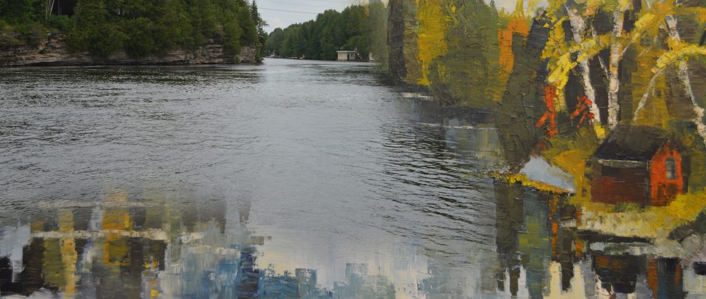 A contemporary photograph of a river and gorge with painting superimposed.