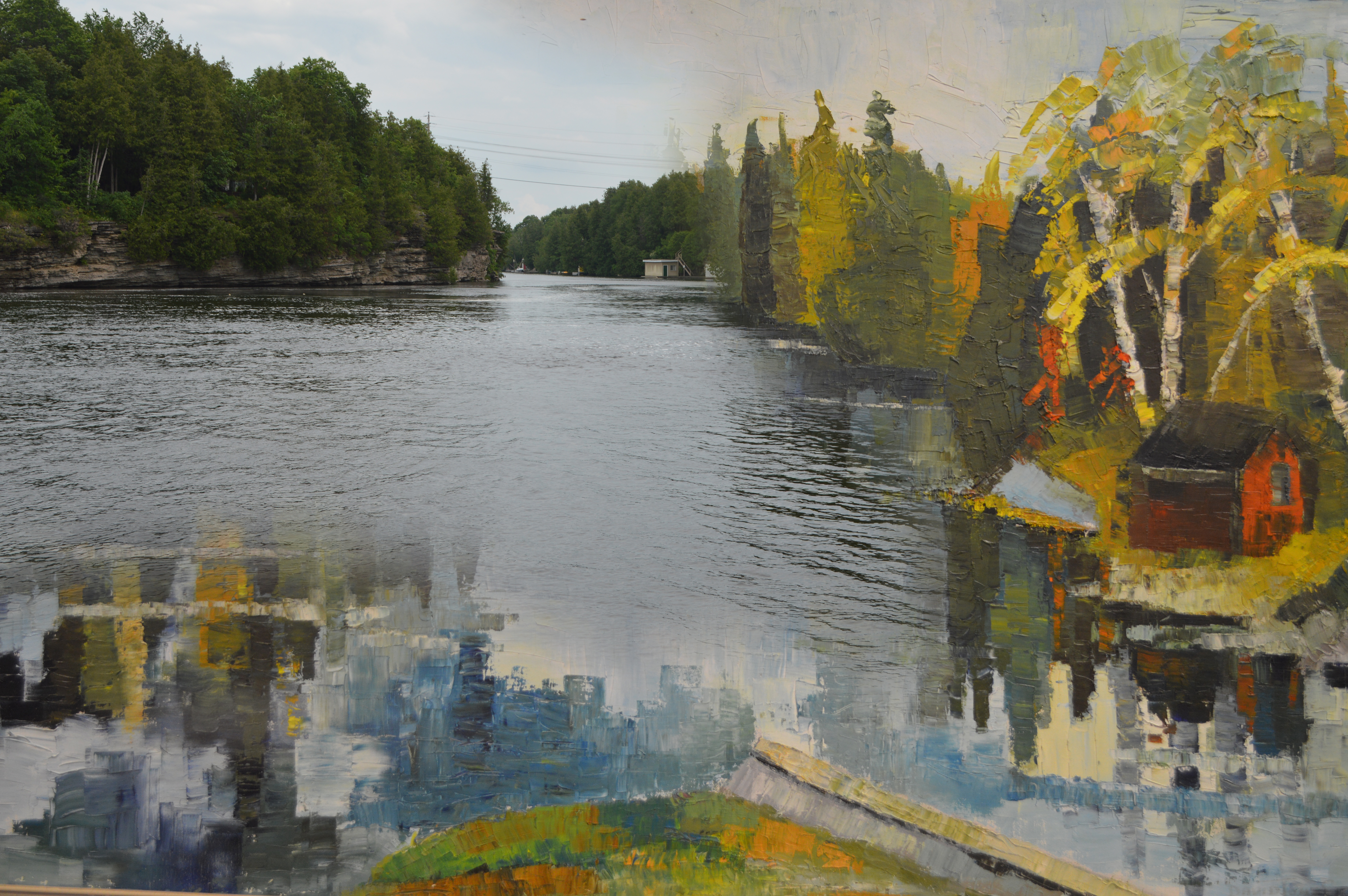 A contemporary photograph of a river and gorge with painting superimposed.