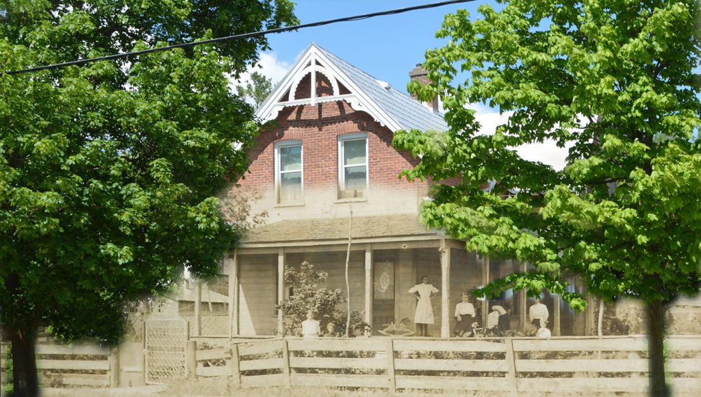 A B&W photograph of a family on their porch, superimposed on a contemporary image of the house.