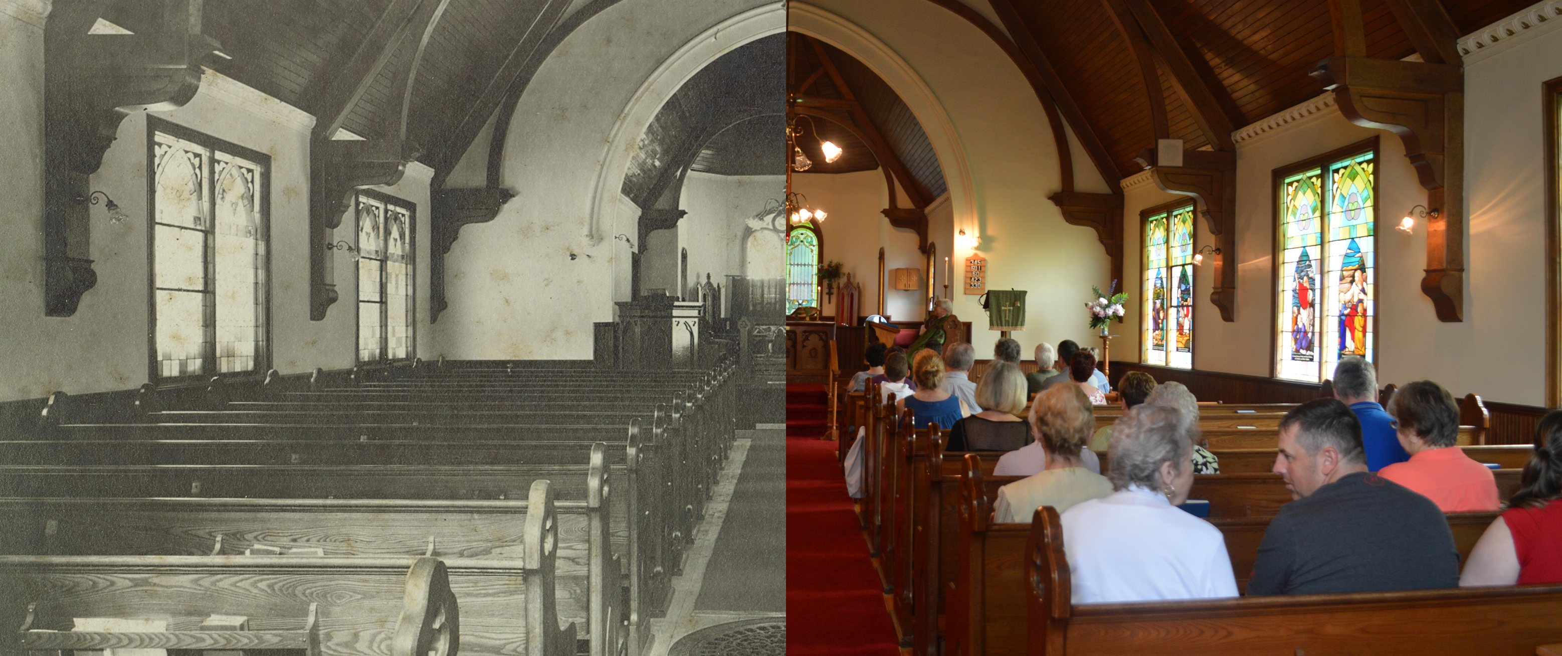 The interior of a church the left half of the image is black and white, the right half is contemporary and features people sitting in the pews