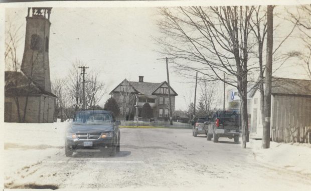 A contemporary streetscape superimposed on a B&W photograph of a firehall, house and newspaper office.