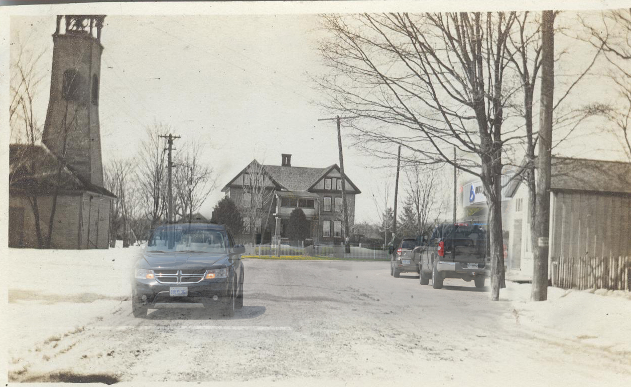 A contemporary streetscape superimposed on a B&W photograph of a firehall, house and newspaper office.