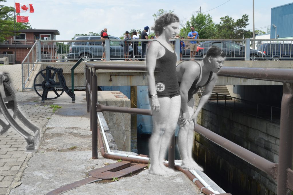 A B&W photograph of two swimmers looking down into modern image of locks.