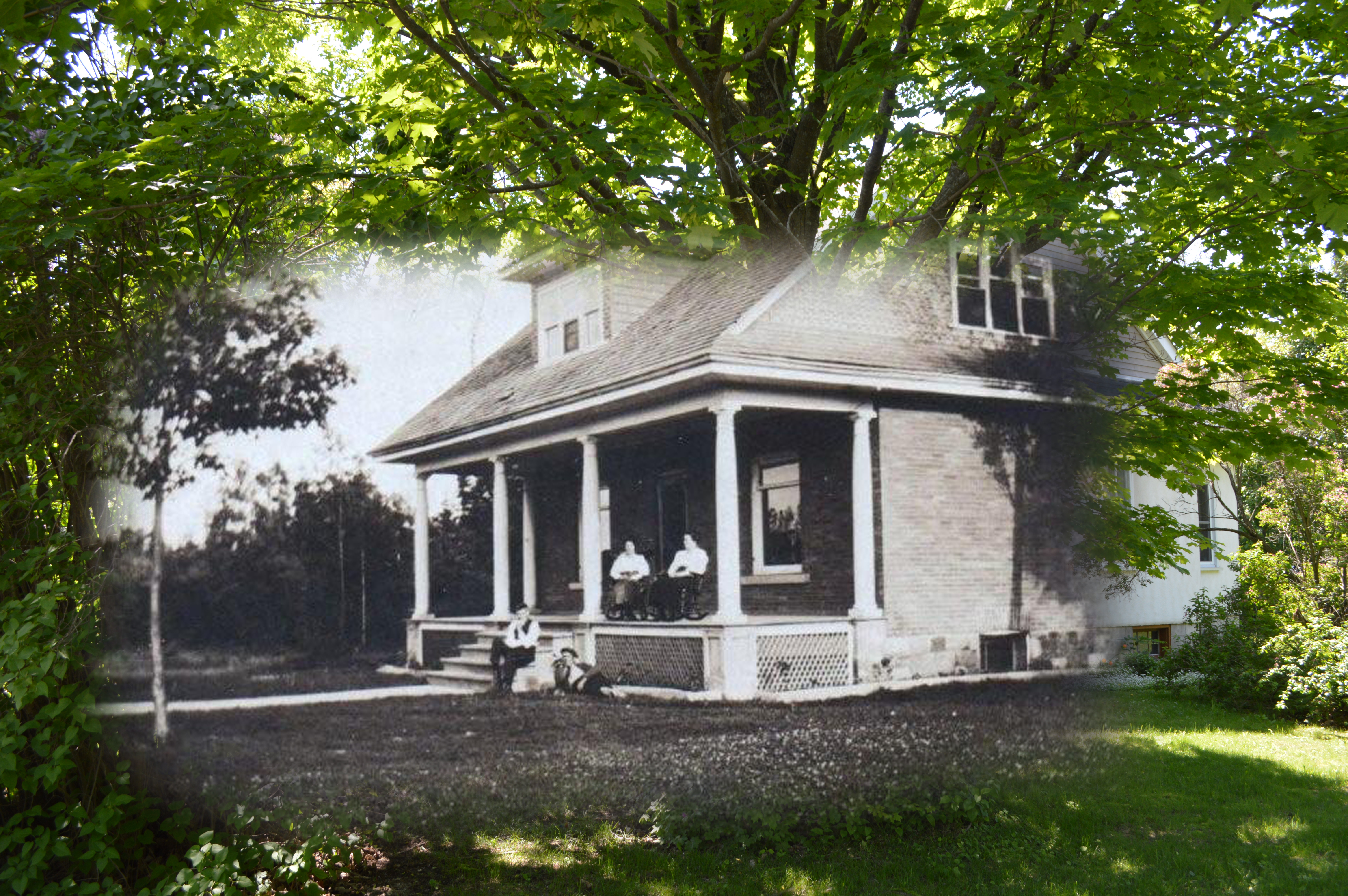 A B&W photograph of a family sitting on a porch superimposed over contemporary image of trees.