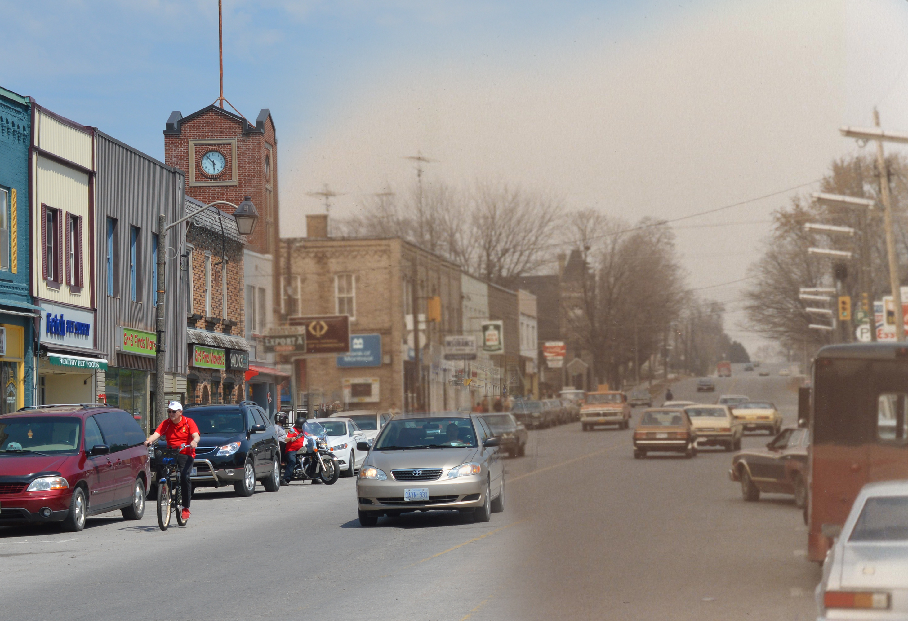 Street scenes: on the left a contemporary image, on the right the same street in1978.