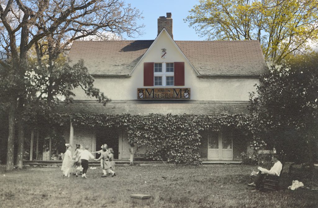 A B&W photograph of children dancing in a circle with a man seated on a bench, superimposed on contemporary image of the Fenelon.museum.