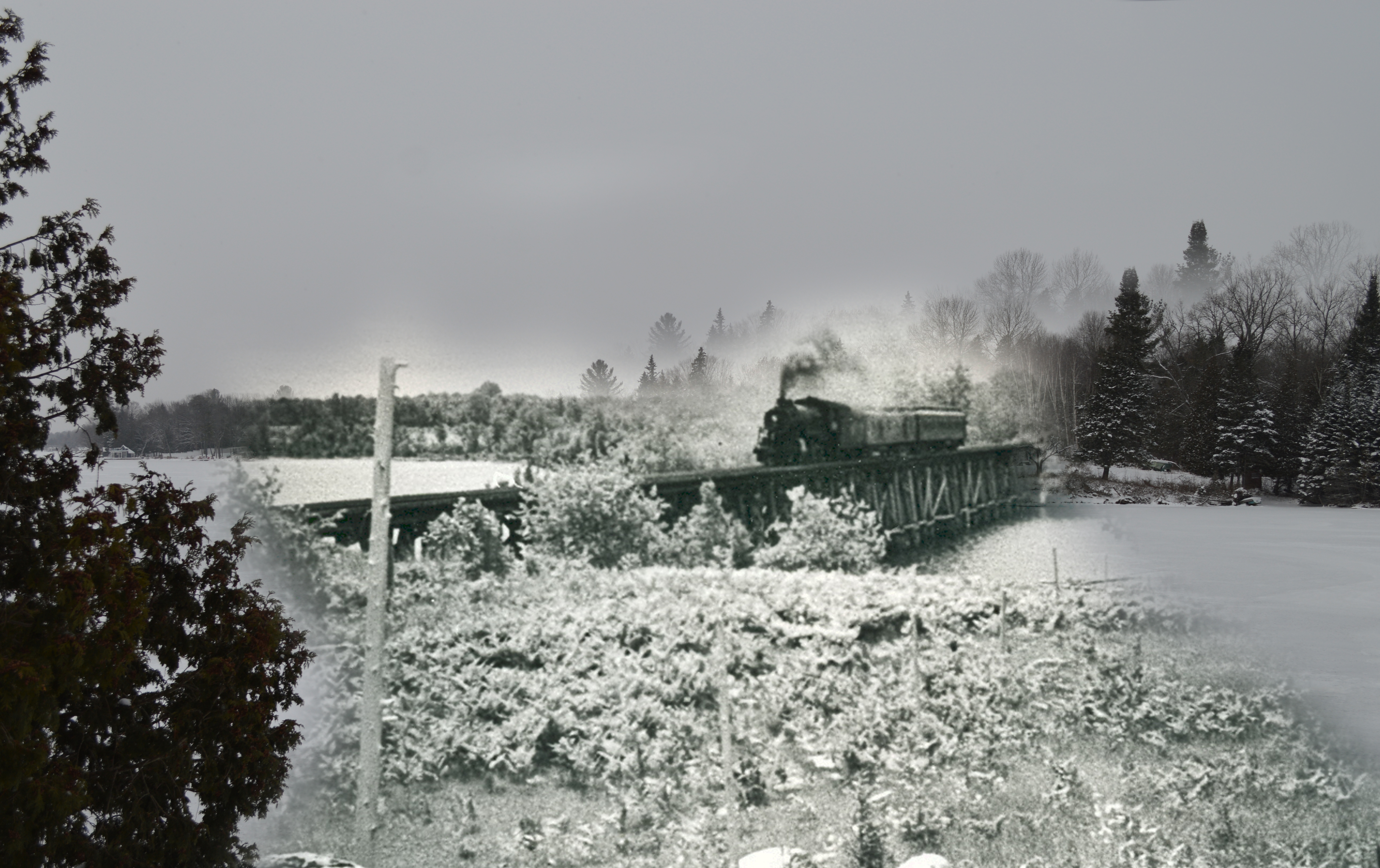 A B&W photo of a train crossing a bridge, with a superimposed contemporary winter scene.