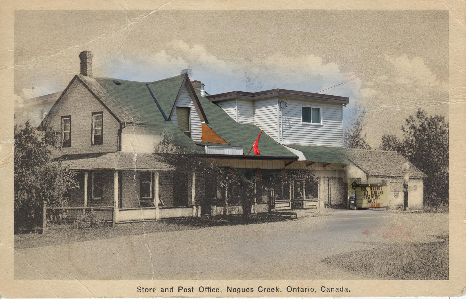 Combined contemporary and black and white photos of a store and post office located in a converted house.