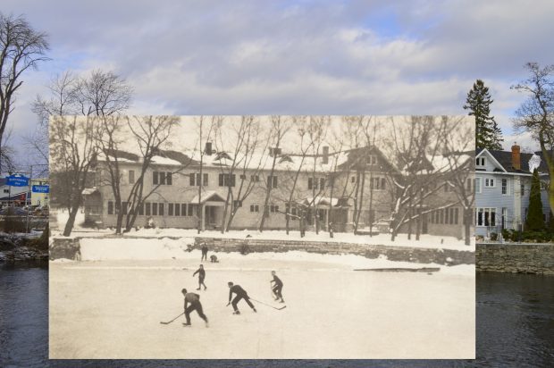 A B&W photograph of a hockey game on a river with an inn behind, superimposed on a contemporary photo of the same building.