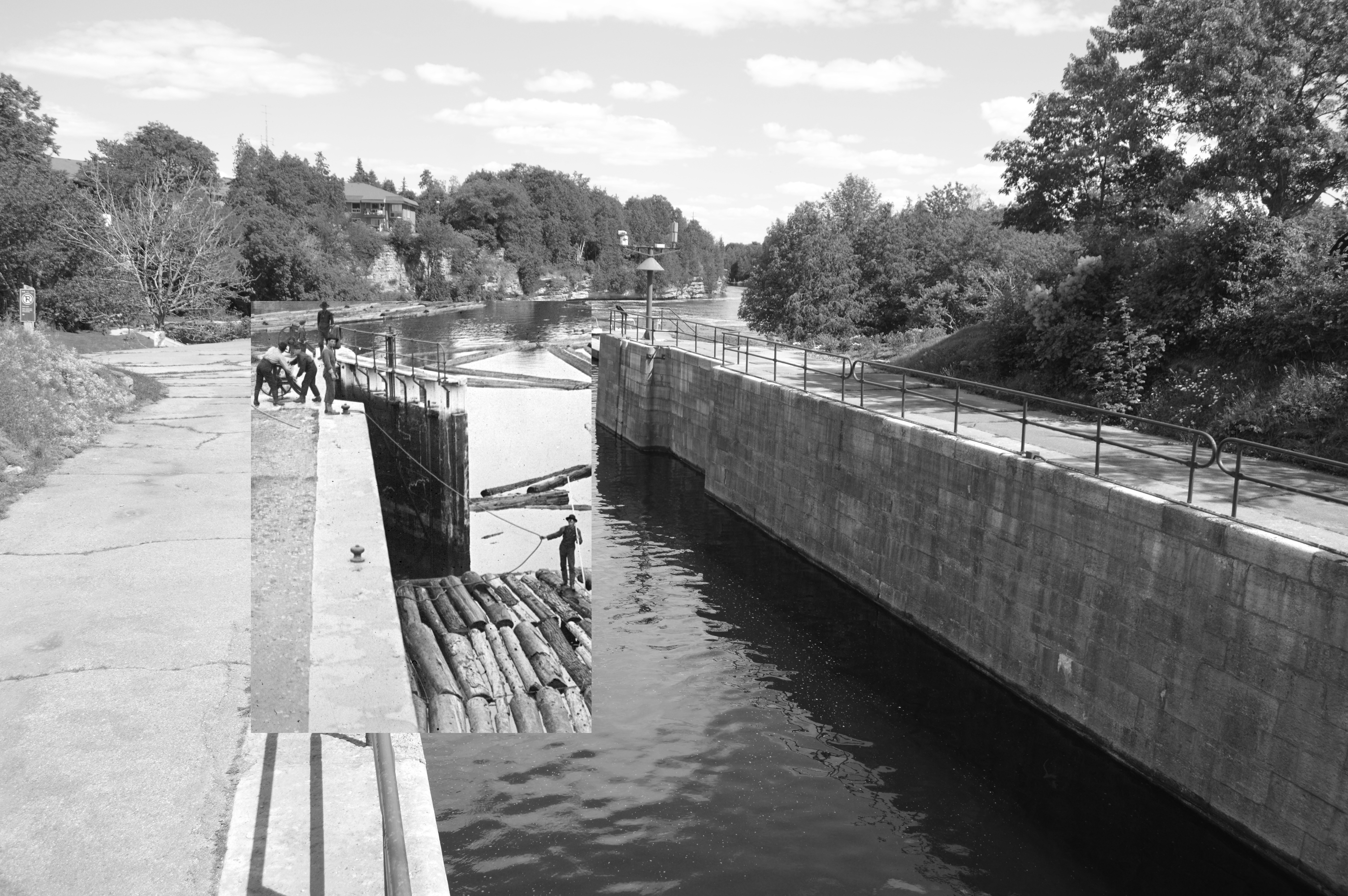A back and white photograph of a block of timber passing through locks, superimposed on a modern image of a canal.