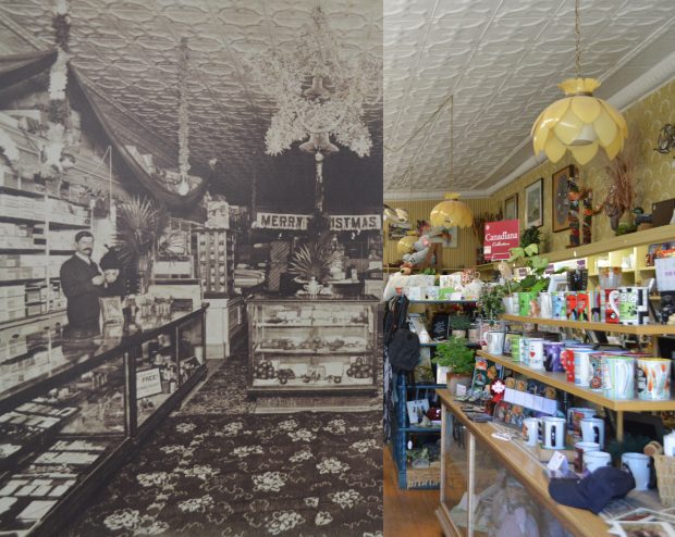 On the left a B&W photo of a gentleman manning his store, on the right a contemporary photo of the same shop.