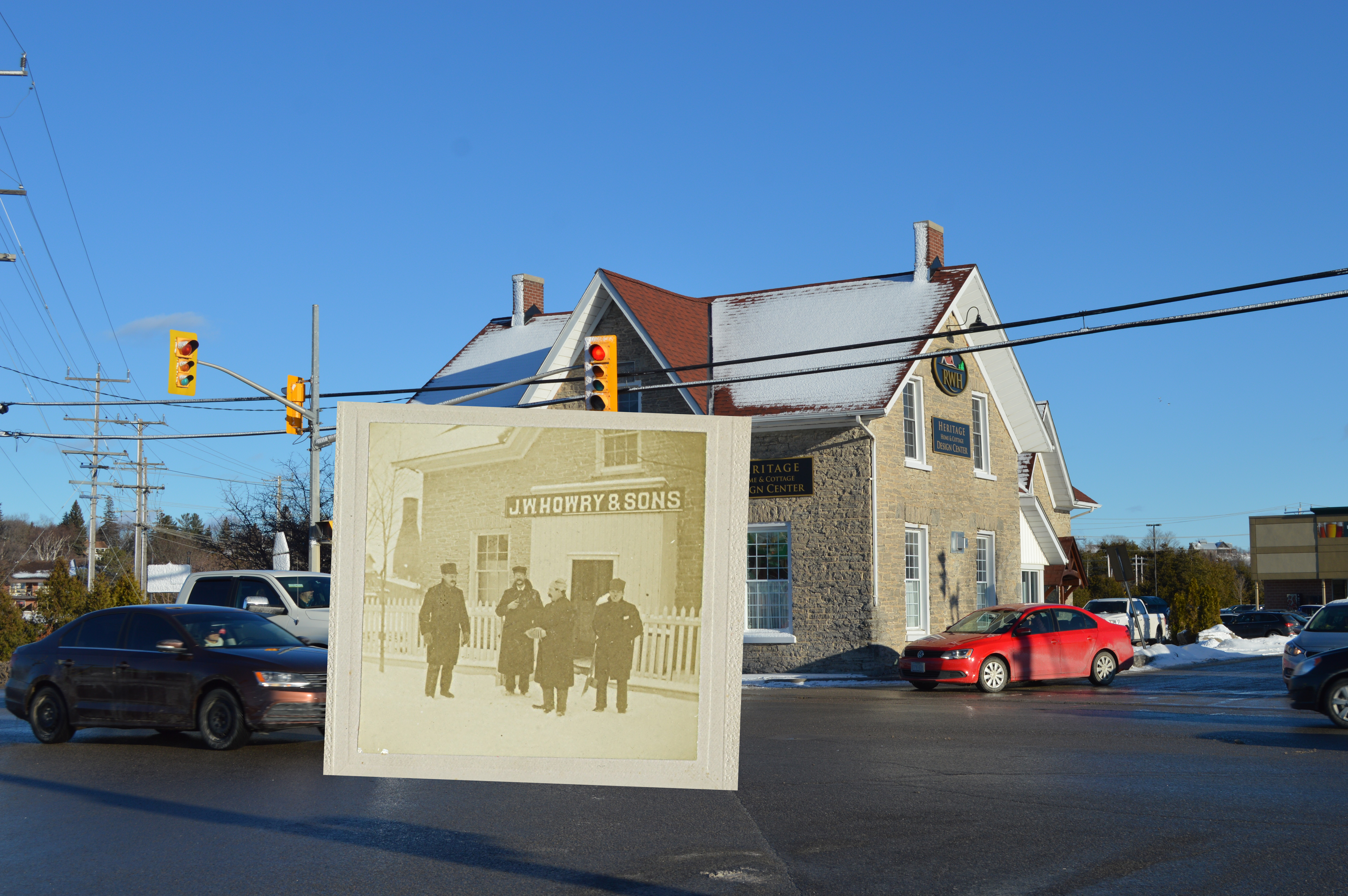 A period photograph of four men standing in front of J.W. Howry & Sons office, superimposed on a contemporary RWH Construction office