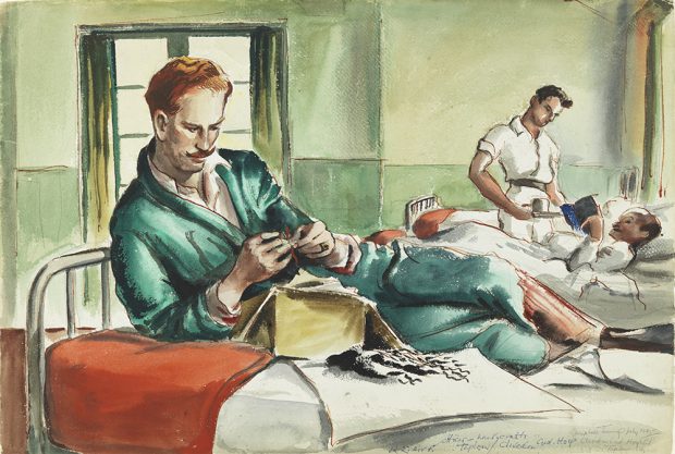 A watercolor painting of a patient in a green housecoat lounging on a hospital bed and working on needlepoint. There is a male nurse aiding a soldier laying on his back and reading a book in the background.