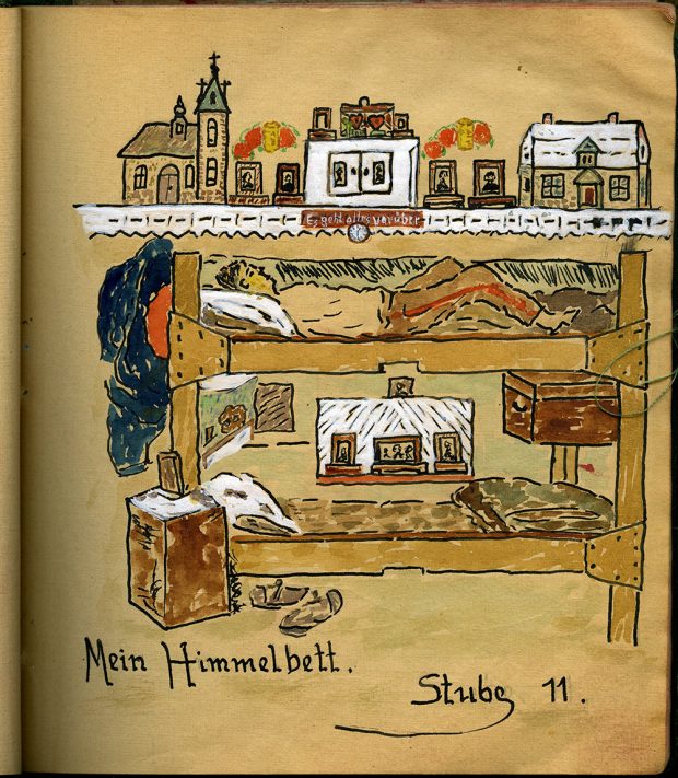 Painting of a Prisoner of war barracks showing a soldier on the top bunk and the room he is in. Above him is a picture of a town with a church, house and vehicles.