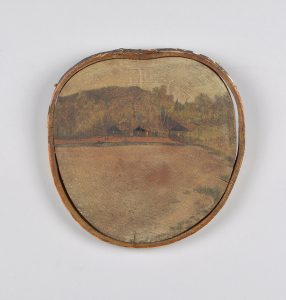 A thin cross-section of a tree painted with a prisoner of war camp scene with an open field in the forefront. It depicts three log buildings amidst a forest.