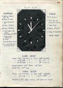 A journal page depicting a hand drawn image of a clock and surrounded by technical notes and aspects of its possible creation and design