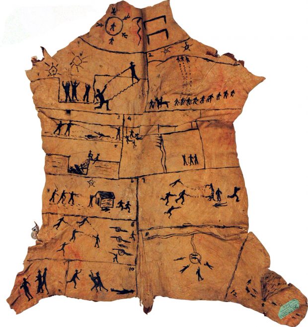A horse hide with a narrative in black paint on it. The narrative is structured like a cartoon and is in black silhouette.