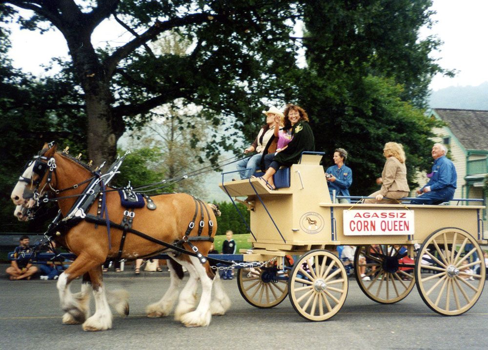 Colour photograph of a group of people in a wagon pulled by a team of horses. There is a sign on the wagon "Agassiz Corn Queen," 2007.