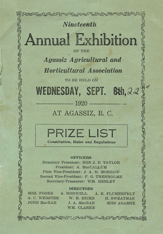 Colour image of a green booklet. The booklet is titled Nineteenth Annual Exhibition of the Agassiz Agricultural and Horticultural Association, 1920.
