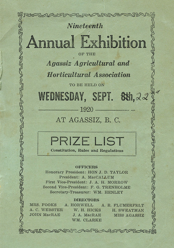 Colour image of a green booklet. The booklet is titled "Nineteenth Annual Exhibition of the Agassiz Agricultural and Horticultural Association," 1920.