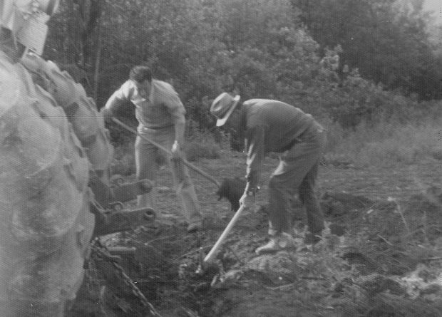 Black and white photograph of two men digging in the soil behind a tractor.