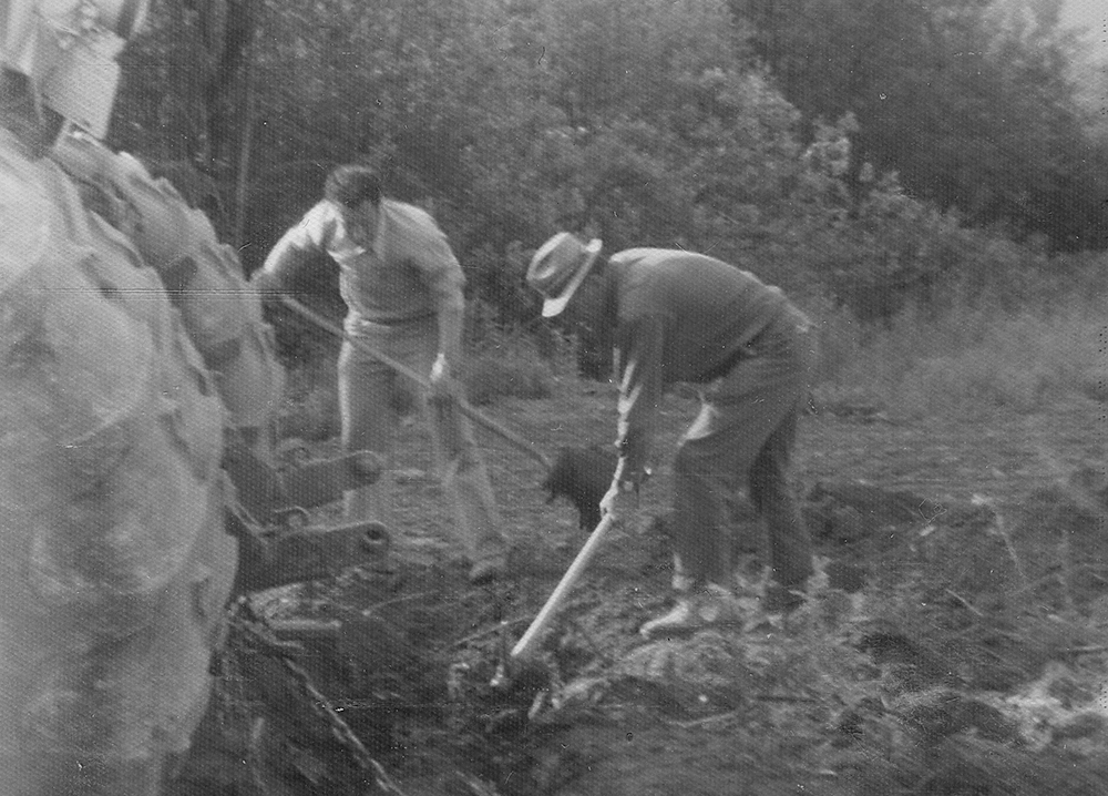 Black and white photograph of two men digging in the soil behind a tractor.