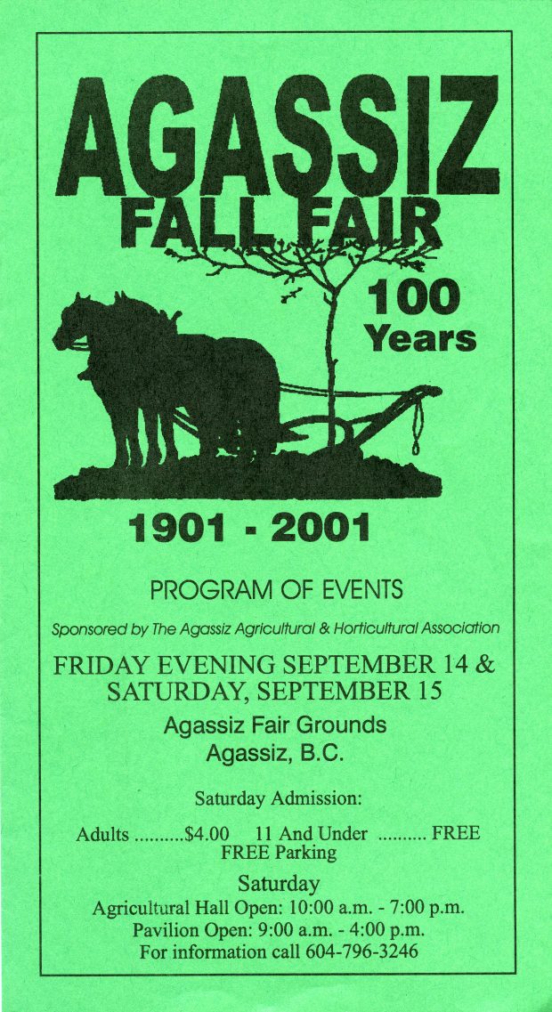 Colour image of the 100th Agassiz Fall Fair program from 2001. Silhouette of work horse team with plough.