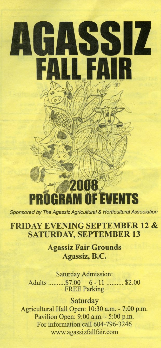 Colour image of 2008 Agassiz Fall Fair program. Sketch of a cow, pig, and a goat in ears of corn.