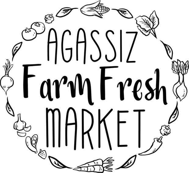 Black and white Agassiz Farm Fresh Market logo. Vegetables and fruit circle the words.