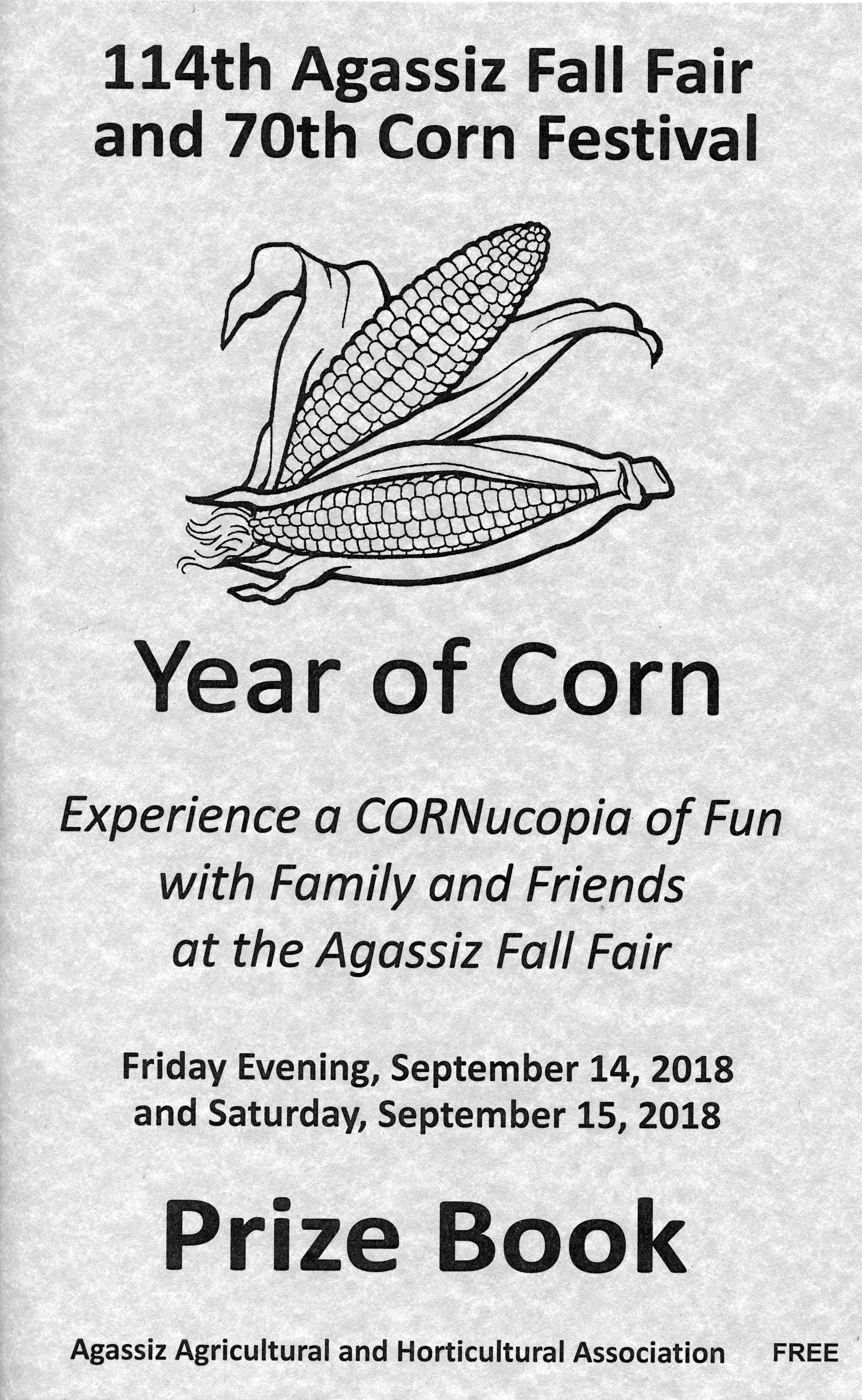 Image en noir et blanc du livre de prix pour la 114e Agassiz Fall Fair et le 70e Corn Festival comportant un croquis de deux épis de maïs.